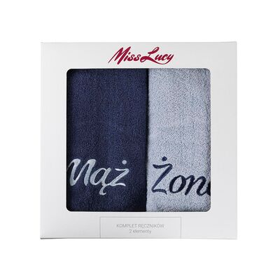 Ręczniki Miss Lucy zestaw 2 sztuki Mąż Żona 70 x 140 cm ciemnoniebieski + jasnoniebieski