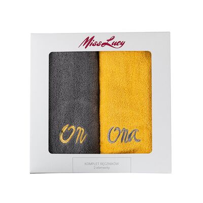 Ręczniki Miss Lucy zestaw 2 sztuki Mąż Żona 70 x 140 cm ciemnoszary + żółty