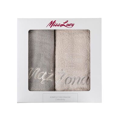 Ręczniki Miss Lucy zestaw 2 sztuki Mąż Żona 70 x 140 cm ciemnobeżowy + jasnobeżowy