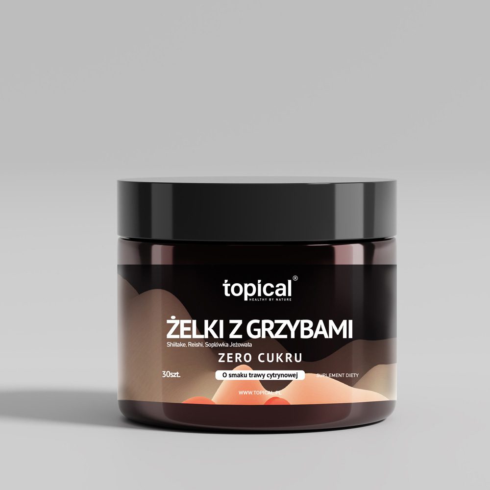 BEZ CUKRU Żelki z grzybami / adaptogenami Soplówka Jeżowata (Lion’s mane) Shiitake Reishi – 7200MG – Topi