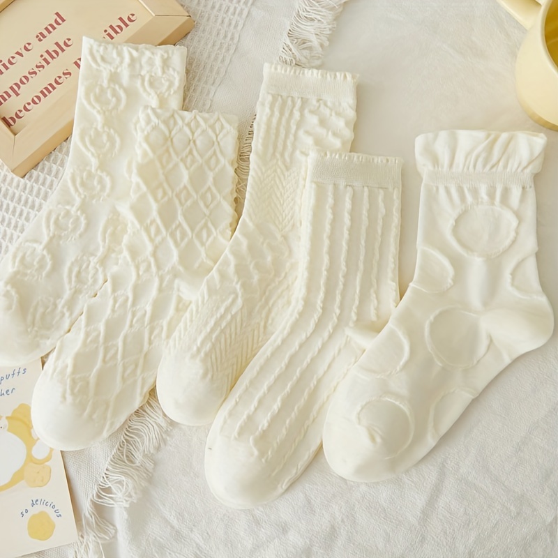 TEMU 5 par damskich skarpetek do połowy łydki z wytłaczanym wzorem, w minimalistycznym stylu JK, 95% poliester, 5% spandex, można prać w pralce,