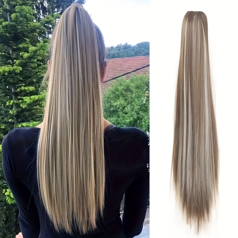 TEMU Długie, proste, syntetyczne przedłużanie grzywy - Elegancka blond włosowa dla kobiet, naturalny wygląd do codziennego użytku, dodaje objętości i