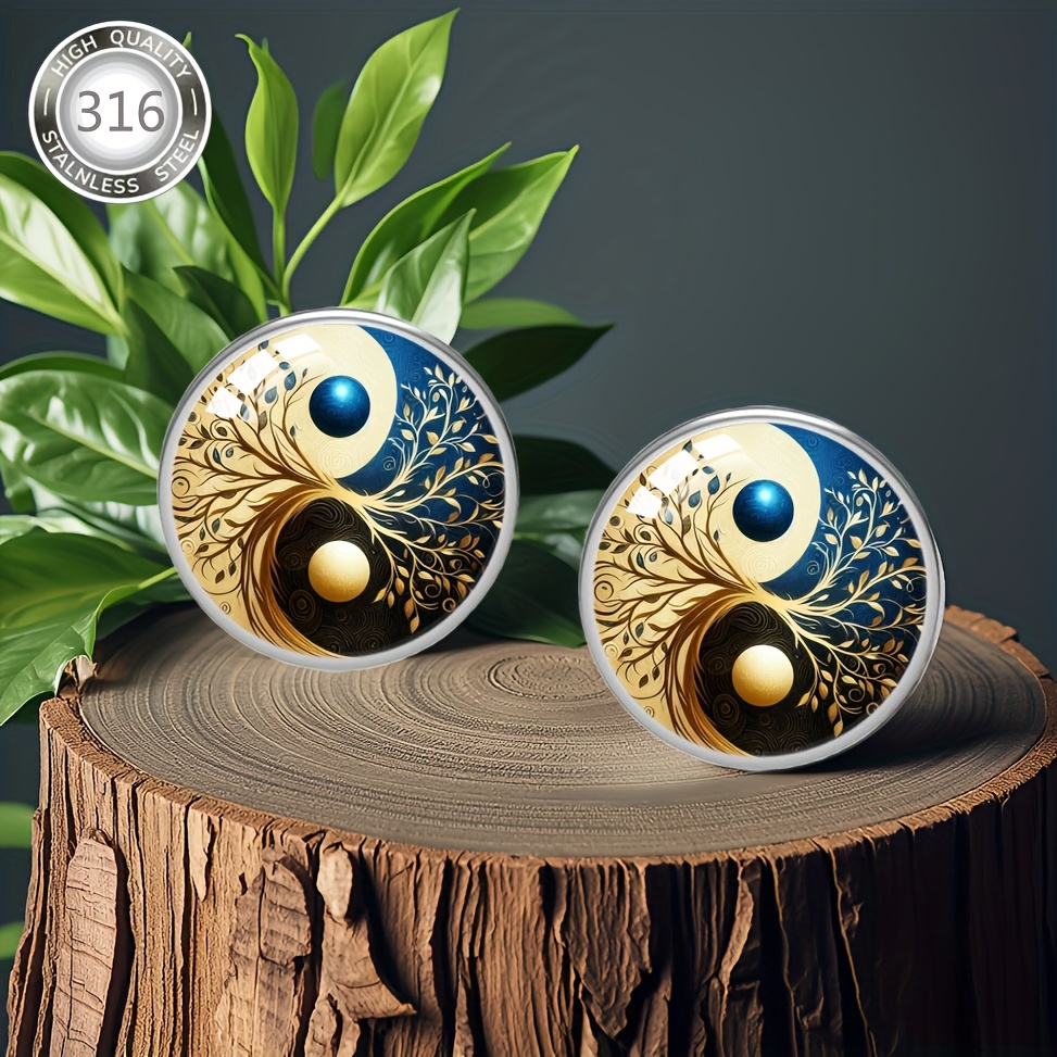TEMU 1 Para Eleganckie Kolczyki Yin Yang Drzewo Życia - 316 Stal Nierdzewna Hipoalergiczne Sztyfty z Wklęsłym Szkłem, Symbol Równowagi do Codziennego