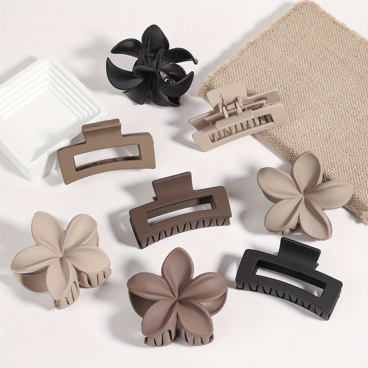 TEMU 8 szt. Matowe klipsy do włosów z kwiatami, stylowe, jednokolorowe, matowe, puste, duże prostokątne klipsy do włosów dla grubych włosów, cienkich