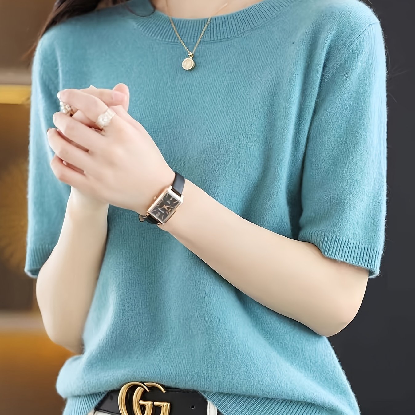 TEMU Wiosenna/Letnia Bluzka Damska z Okrągłym Dekoltem i Krótkim Rękawem, Luźny Fason, Elegancka Koszula na Wakacje