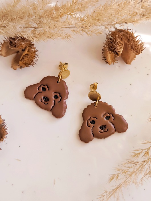 Kolczyki brązowe pieski piesek pudel, pudle, pudelki biżuteria z pudlem