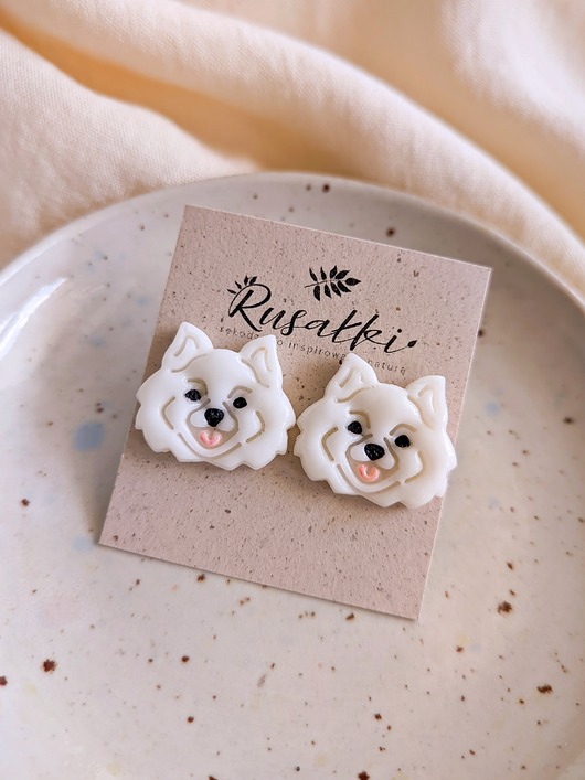 Kolczyki pieski pomeranian w kolorze białym dla miłośnika psów, piesków