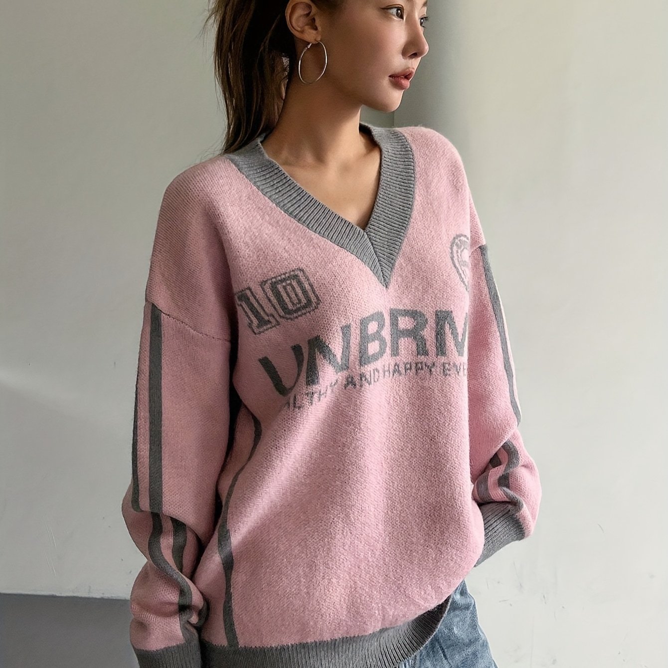 TEMU Sweter Damski Vintage - Sweter z Dekoltem w Serek i Opadającymi Rękawami, Brązowy/Los Fit Streetwear na Jesień/Zimę, Casualowe Stylizacje, Retro