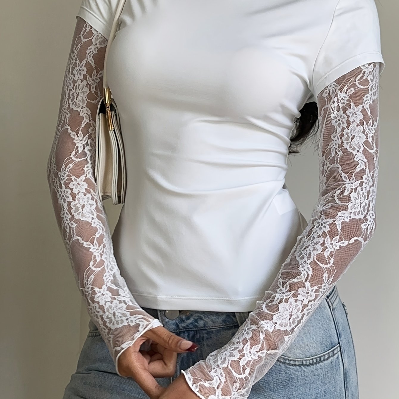 TEMU Bluzka Damska z Kontrastową Koronką, Długi Rękaw, Slim Fit, Z Miękkiej Tkaniny – Modna Koszulka