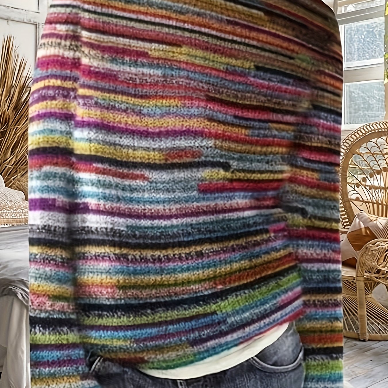 TEMU Rachel Elegancki Sweter Damski w Blokach Kolorów – Elastyczny Pulower z Okrągłym Dekoltem i Długim Rękawem, Wielosezonowy Casualowy Top z