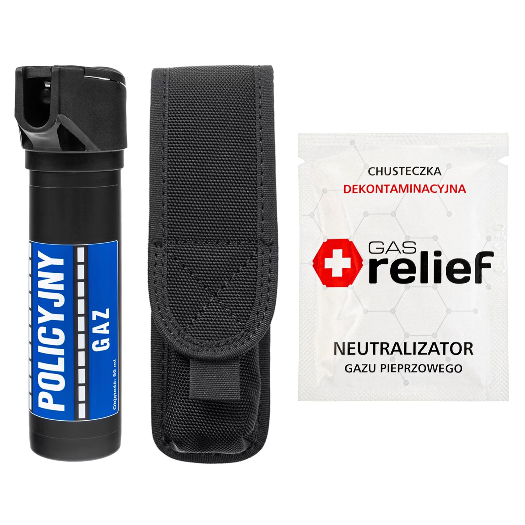 TM Gaz pieprzowy Policyjny 90 ml strumień + chusteczka neutralizująca Gas Relief + kabura - zestaw