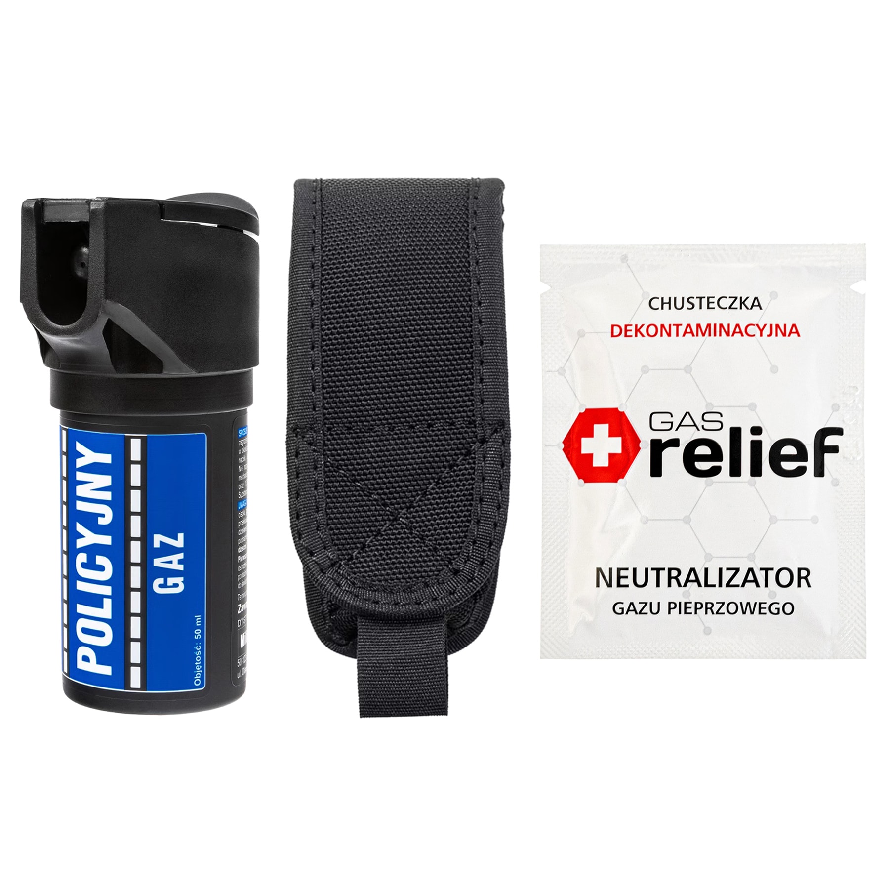 TM Gaz pieprzowy Policyjny 50 ml strumień + chusteczka neutralizująca Gas Relief + kabura - zestaw
