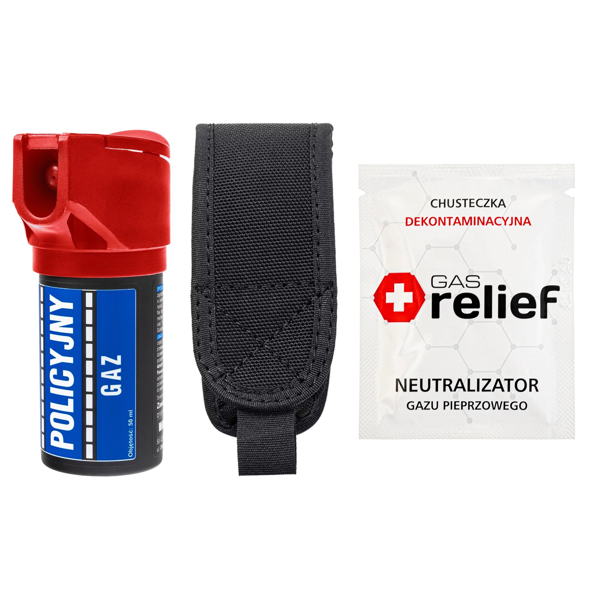 TM Gaz pieprzowy Policyjny Red 50 ml strumień + chusteczka neutralizująca Gas Relief + kabura - zestaw