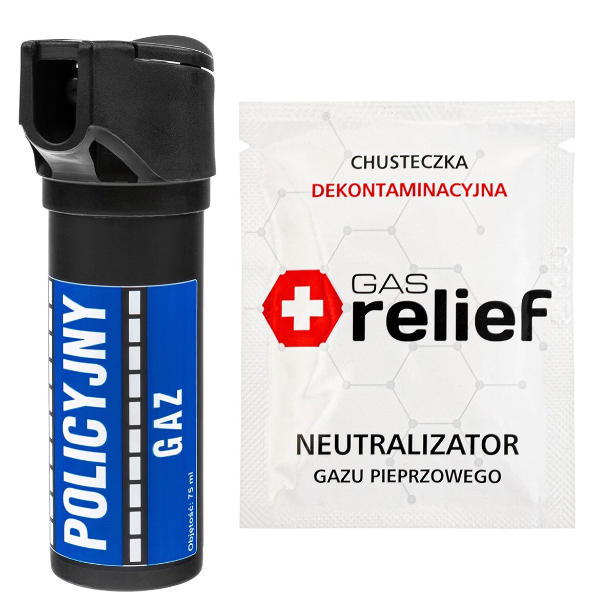 TM Gaz pieprzowy Policyjny 75 ml strumień + chusteczka neutralizująca Gas Relief - zestaw