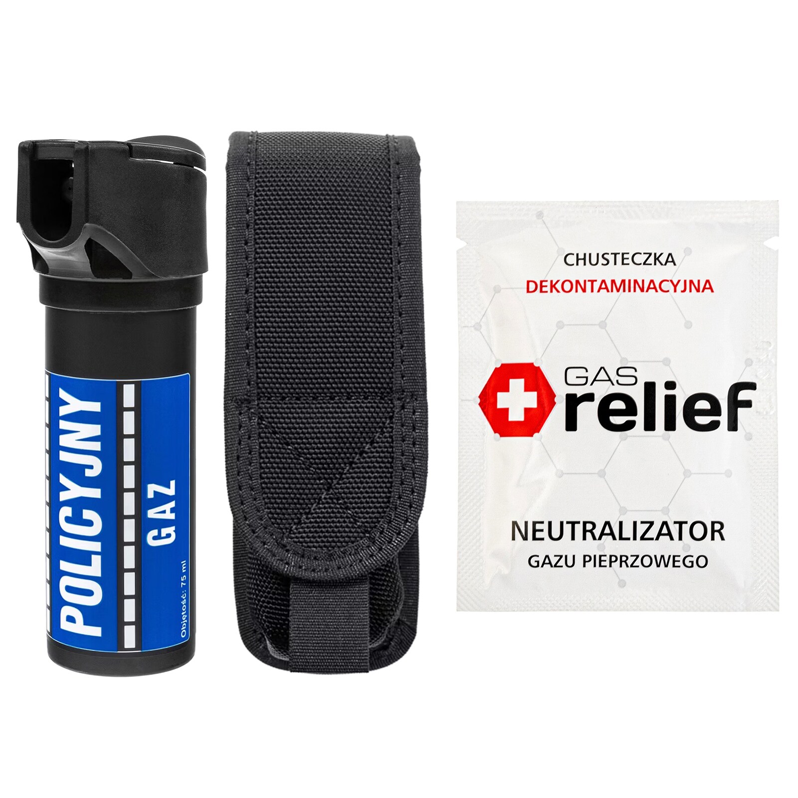 TM Gaz pieprzowy Policyjny 75 ml strumień + chusteczka neutralizująca Gas Relief + kabura - zestaw