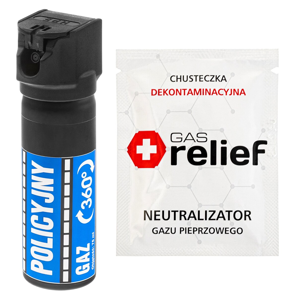 TM Gaz pieprzowy Policyjny 360 75 ml strumień + chusteczka neutralizująca Gas Relief - zestaw