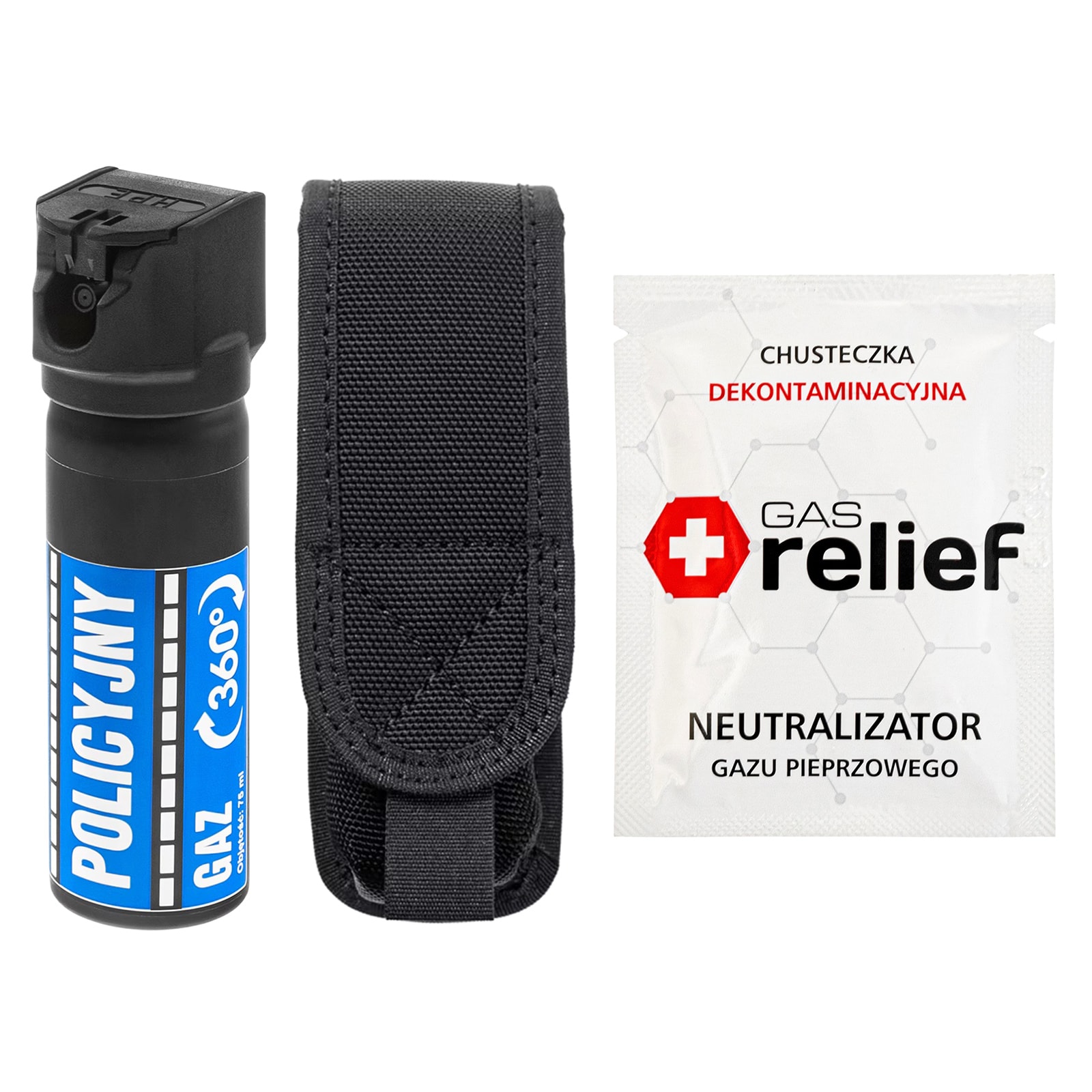 TM Gaz pieprzowy Policyjny 360 75 ml strumień + chusteczka neutralizująca Gas Relief + kabura - zestaw