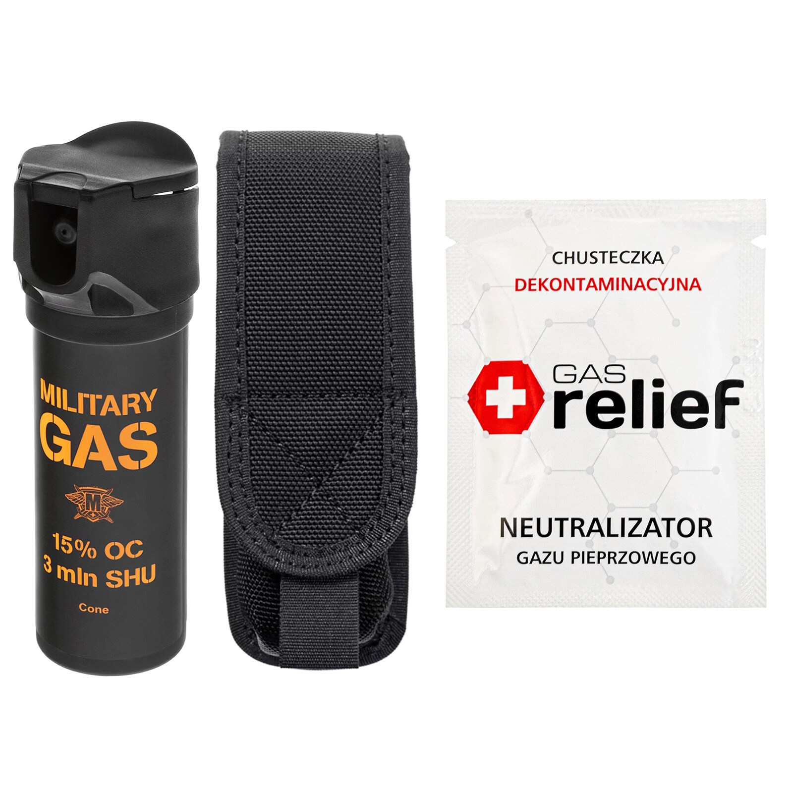 TM Gaz pieprzowy Military Gas 75 ml stożek + chusteczka neutralizująca Gas Relief + kabura - zestaw