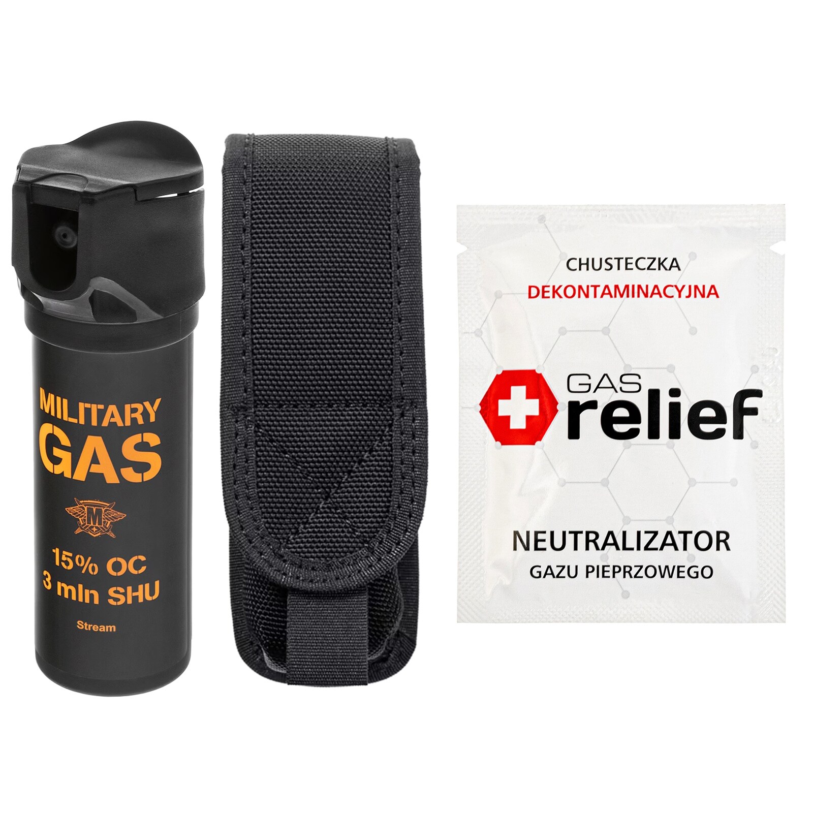 TM Gaz pieprzowy Military Gas 75 ml strumień + chusteczka neutralizująca Gas Relief + kabura - zestaw