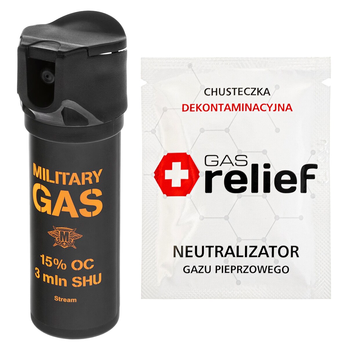 TM Gaz pieprzowy Military Gas 75 ml strumień + chusteczka neutralizująca Gas Relief - zestaw