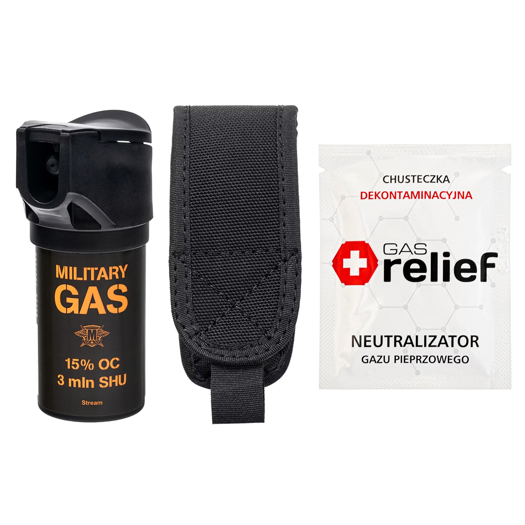TM Gaz pieprzowy Military Gas 50 ml strumień + chusteczka neutralizująca Gas Relief + kabura - zestaw