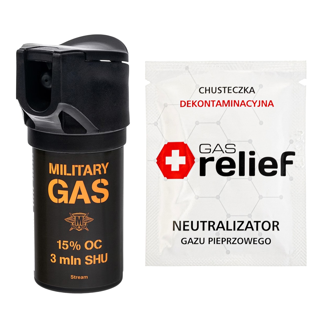TM Gaz pieprzowy Military Gas 50 ml strumień + chusteczka neutralizująca Gas Relief - zestaw