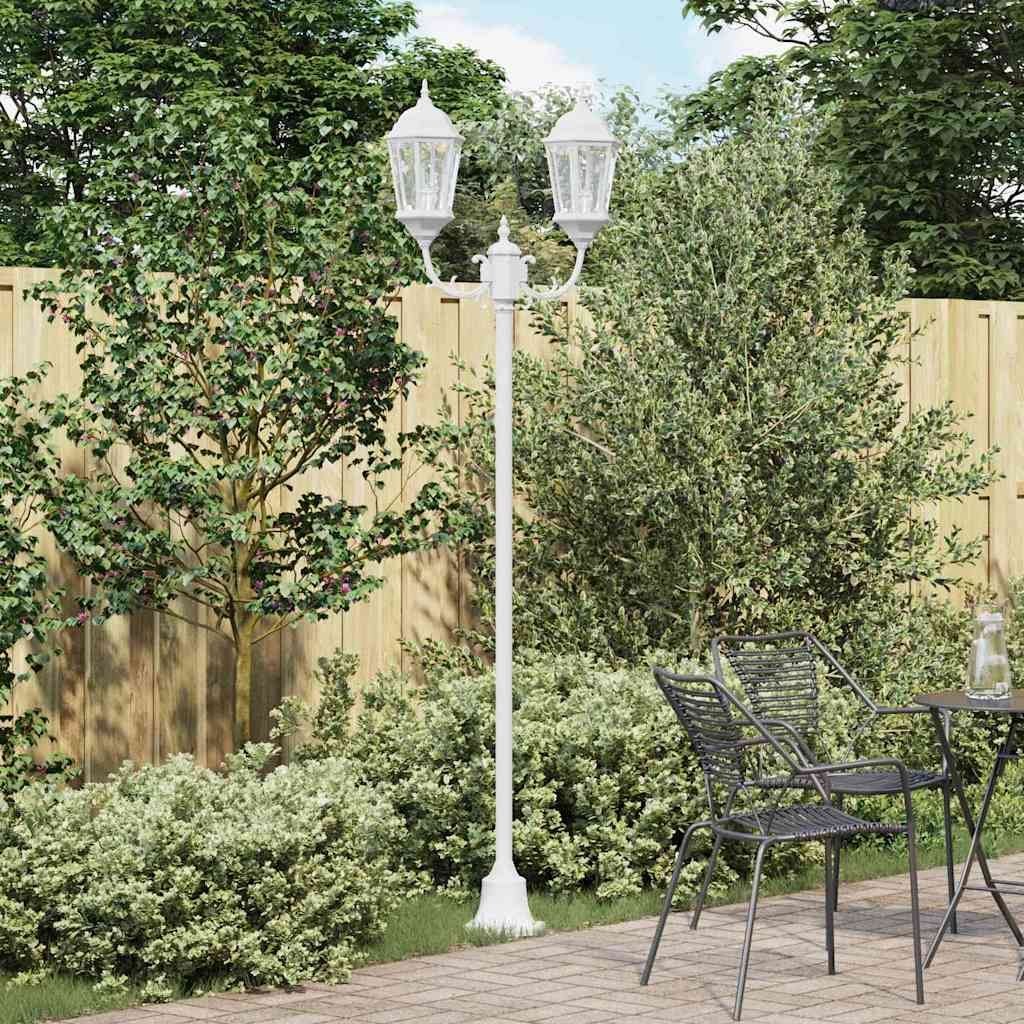 Lampa ogrodowa z dwoma postami E27, biała, 220 cm, aluminium