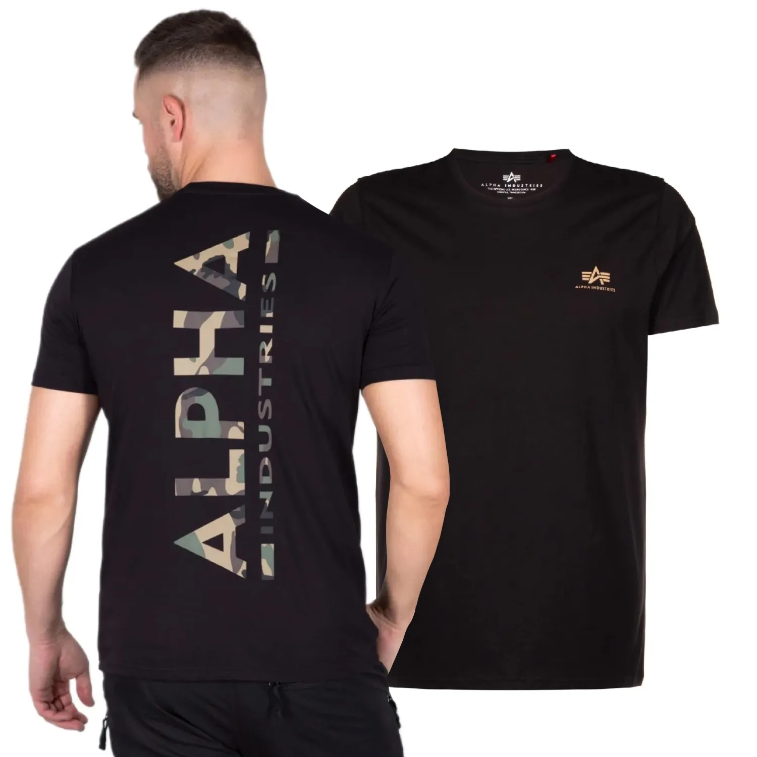 Alpha Industries Koszulka Backprint T Camo Print 128507CP 380 - Czarna/Woodland