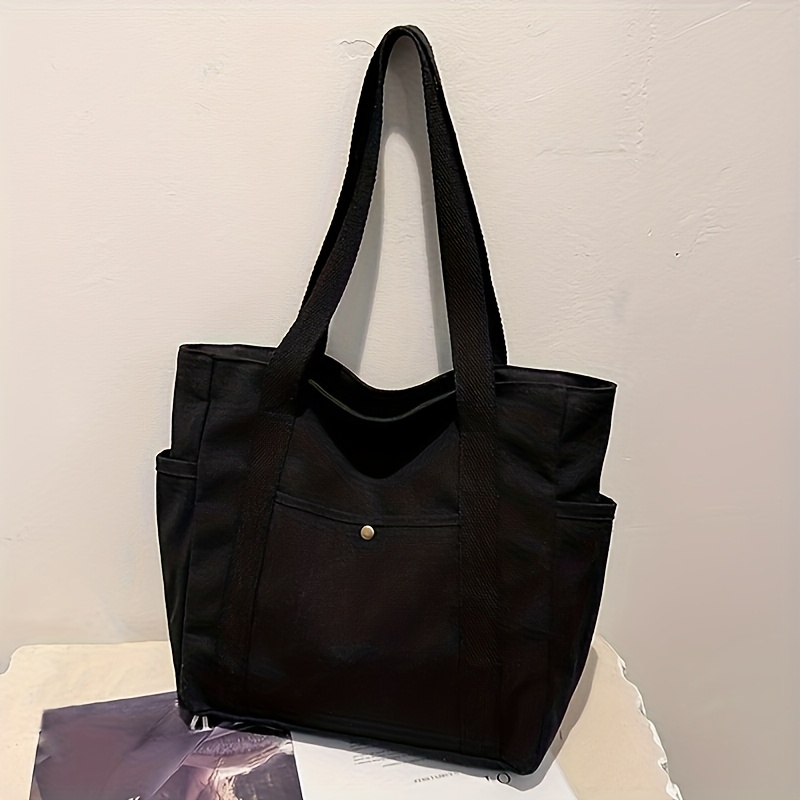 TEMU Torba Tote o Dużej Pojemności z Zamkiem Błyskawicznym - Wytrzymała Nylonowa Torba na Ramię dla Studentów i Profesjonalistów, Beż/Czarny,