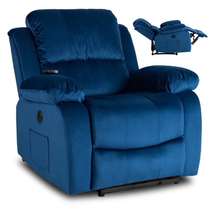 Fotel Masujący ARON Elektryczny Rozkładany z Podnóżkiem Granatowy Welurowy Nowoczesny