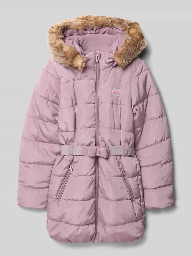 Płaszcz pikowany o kroju shaped fit z obszyciem ze sztucznego futra