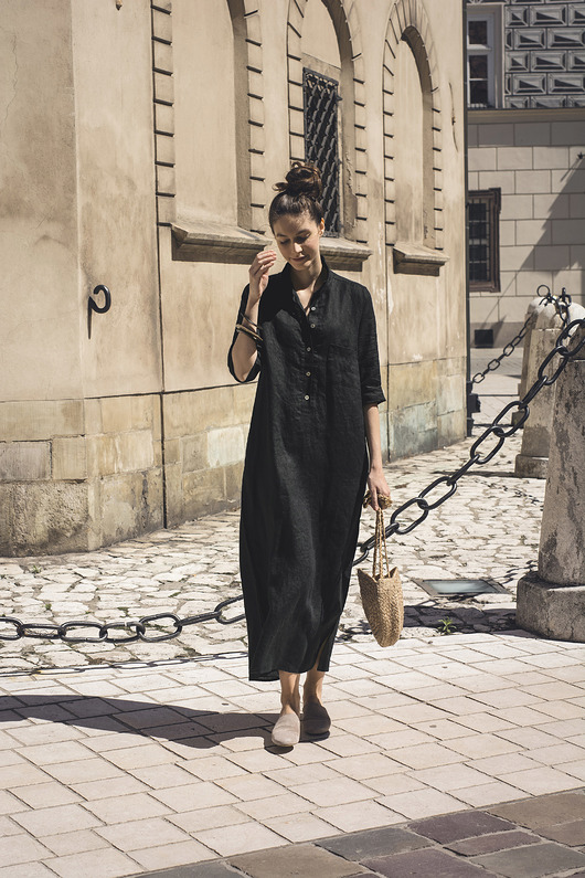 Lniana sukienka czarna koszulowa