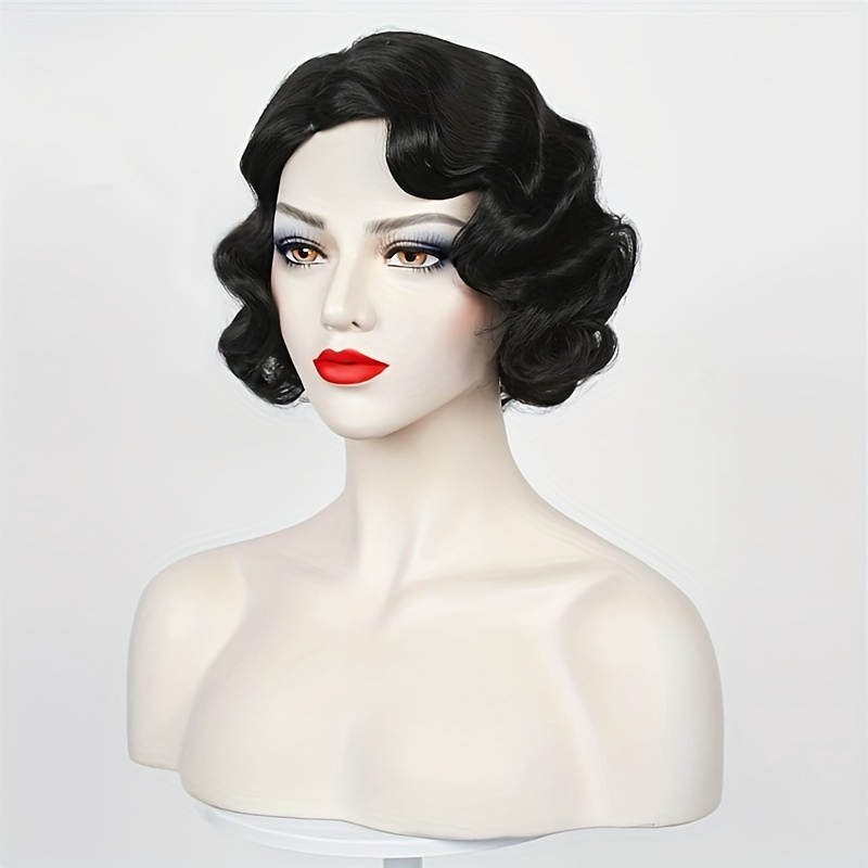 TEMU Hairjoy Peruka Flapper z Lat 1920 - Krótka Syntetyczna Peruka z Falami na Palce, Regulowana Czapka, Odporna na Wysokie Temperatury Czarna
