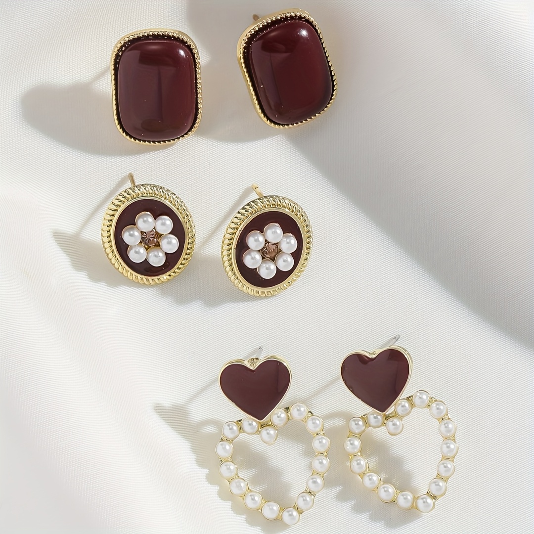 TEMU Zestaw trzech stylowych kolczyków damskich w stylu vintage Hong , z perłowymi kolczykami w kształcie , idealne do codziennego noszenia, spotkań
