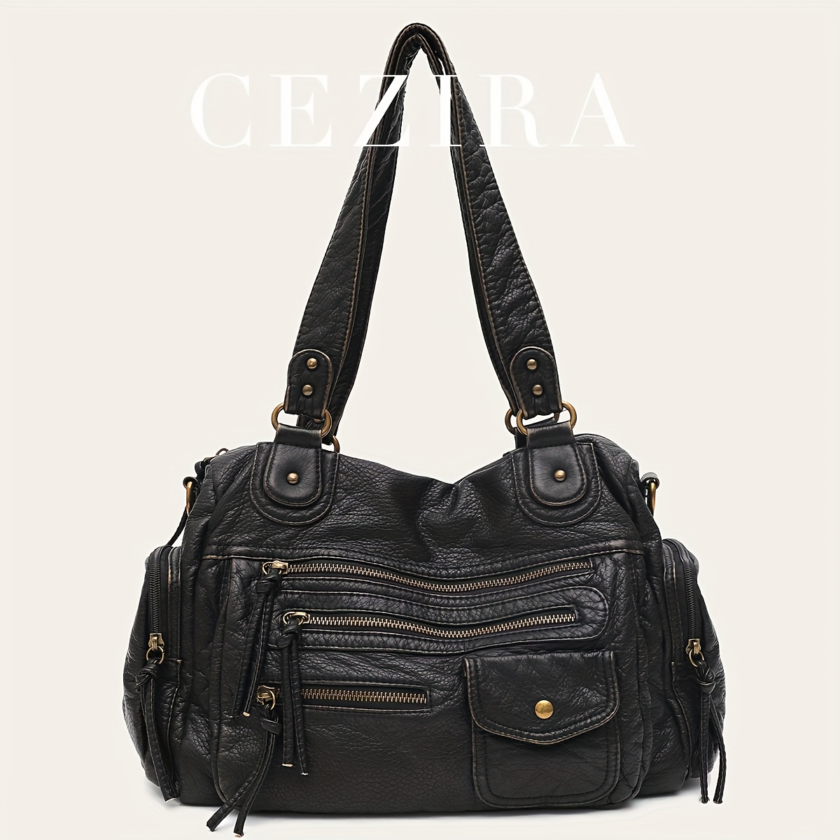 TEMU Torba typu tote w stylu vintage z regulowanym paskiem, wieloma kieszeniami i zapięciem na zamek błyskawiczny - miękka syntetyczna, idealna do