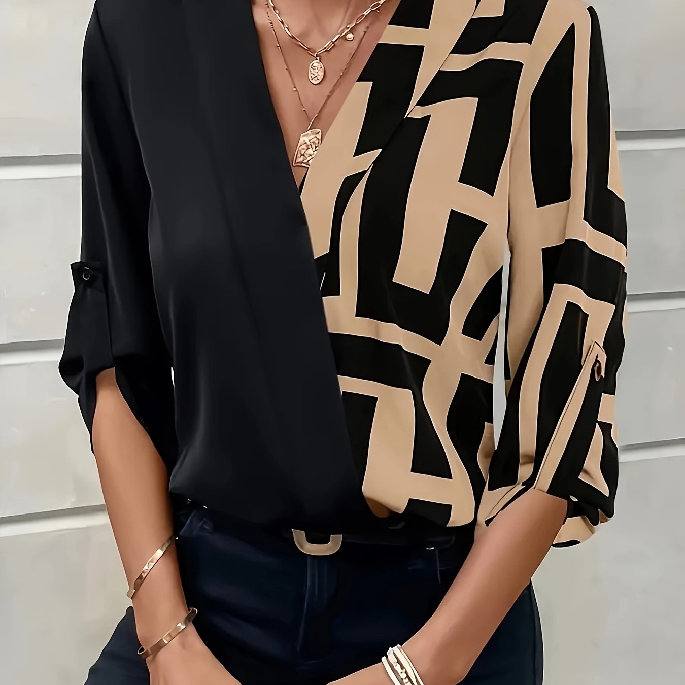 TEMU Bluzka z Dekoltem w Serek, Wiosna/ Elegancka Bluza 3/4 Rękaw dla Kobiet, Koszule i Bluzki Damskie o długim rękawie ze Stylowymi Motywami,