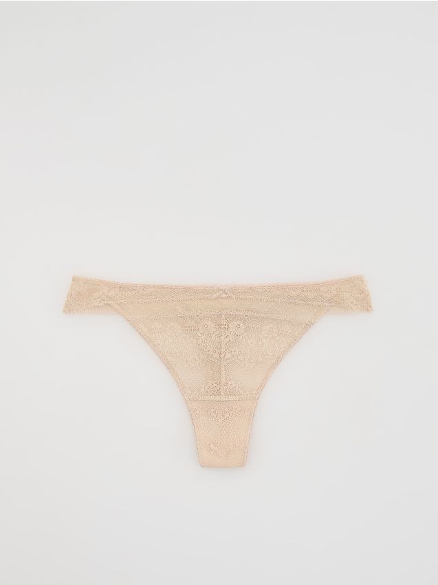 Reserved - Koronkowe majtki typu stringi - kremowy