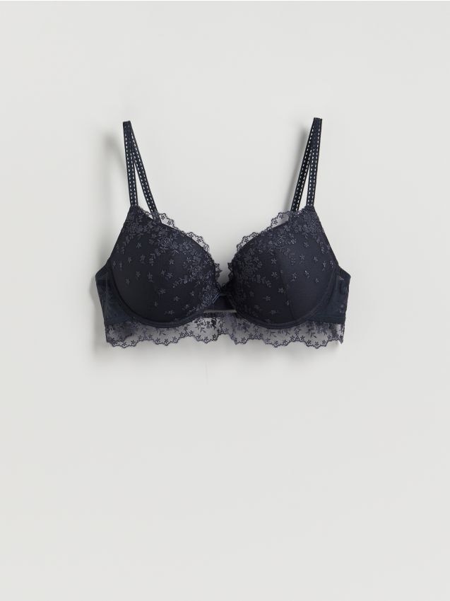 Reserved - Biustonosz push up z haftem - granatowy