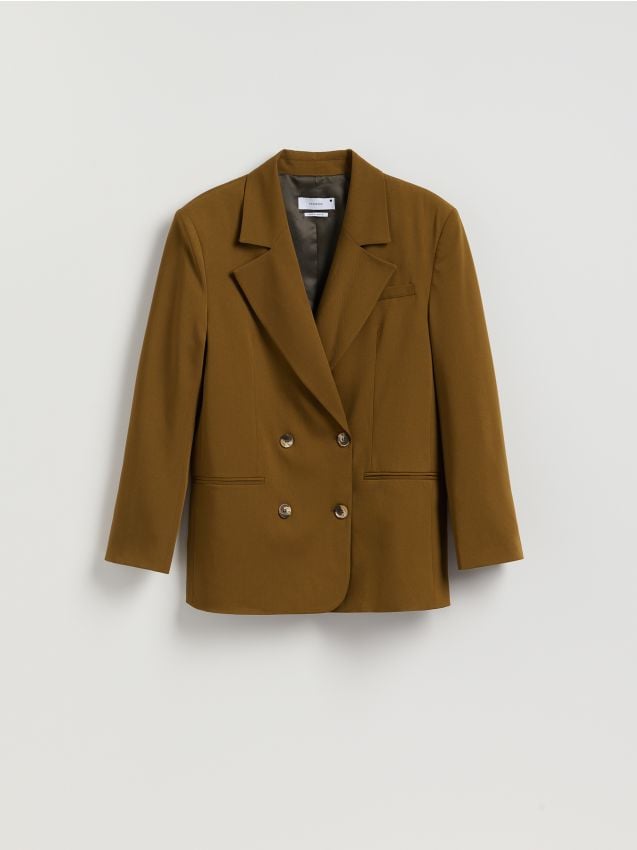 Reserved - Dwurzędowa marynarka z wiskozą - warm olive