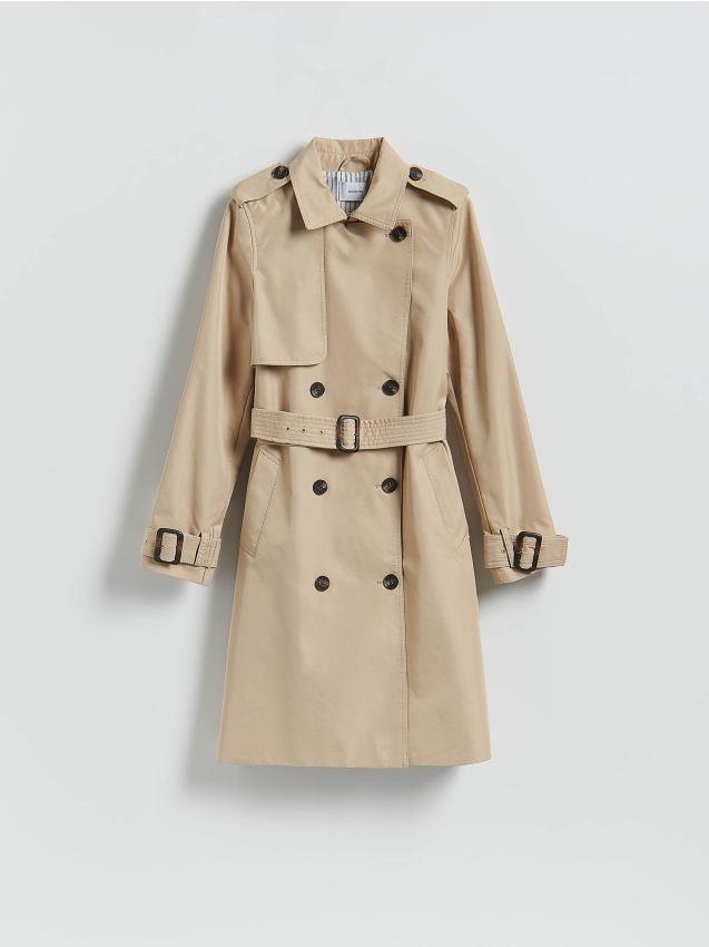 Reserved - Dwurzędowy trencz z paskiem - beżowy