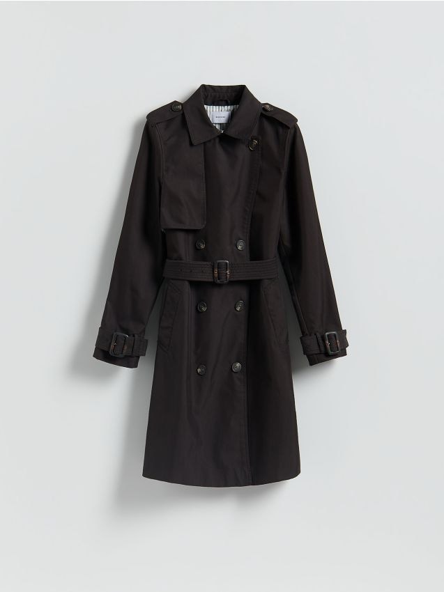 Reserved - Dwurzędowy trencz z paskiem - ciemnobrązowy