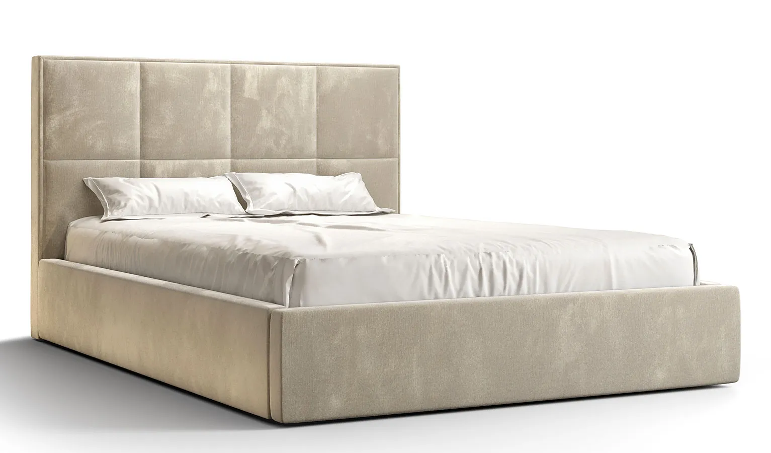 Beżowe welurowe łóżko z pikowanym zagłówkiem - Noverra