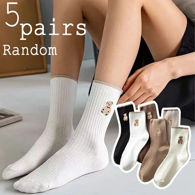 TEMU 5 Par Losowych Skarpetek Damskich z Nadrukiem Misia do Połowy Łydki - Podstawowe Kolory Wszechstronne - Wygodne i Oddychające - Odpowiednie na