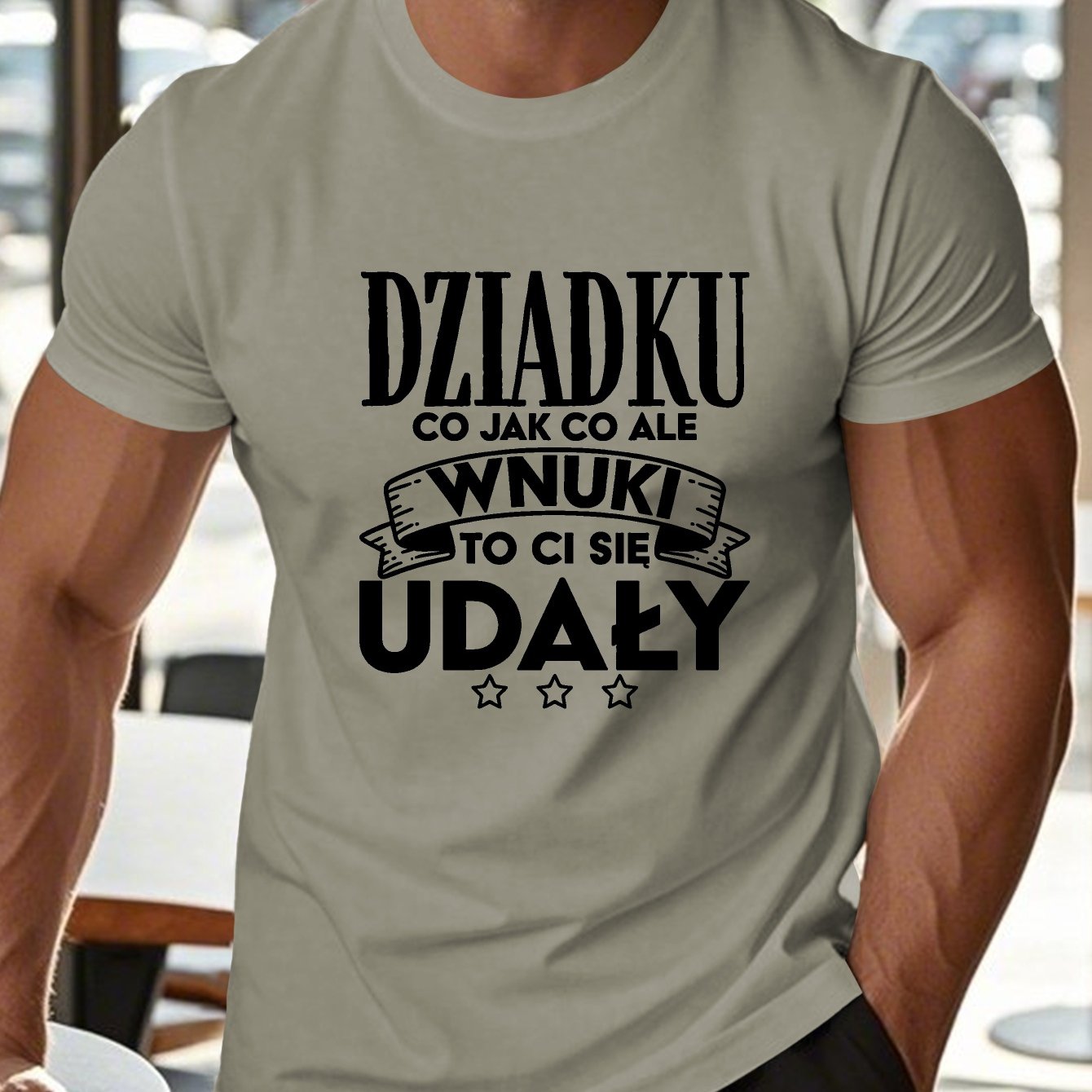 TEMU Męska letnia koszulka casual z napisem „Dzialku Wnuki” zabawna polska cytata, okrągły dekolt, krótki rękaw, regularny krój, lekki poliester,