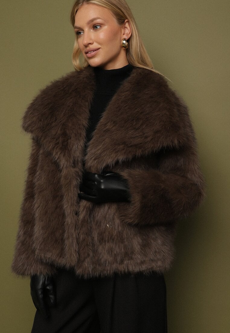 Brązowa Kurtka Futro z Wsuwanymi Kieszeniami Liriena