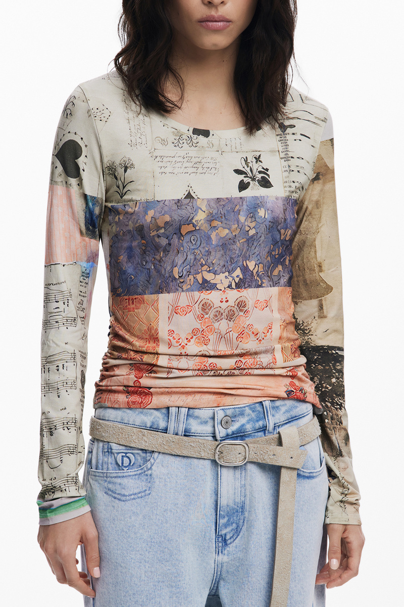 DESIGUAL DAMSKI T-SHIRT Z DŁUGIM RĘKAWEM BEŻOWY