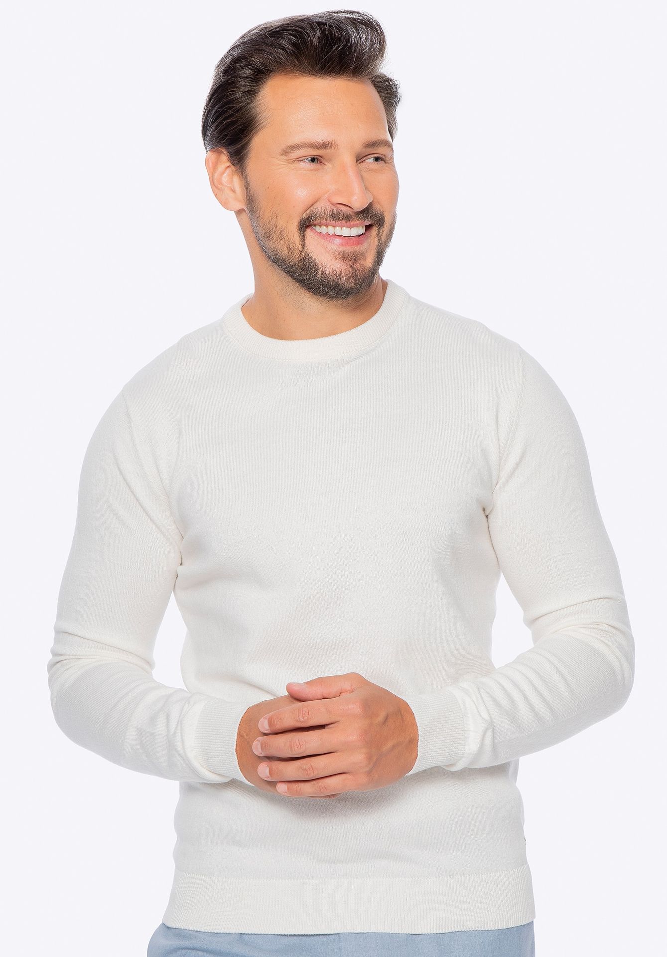 Sweter męski z bawełny z domieszką kaszmiru kremowy