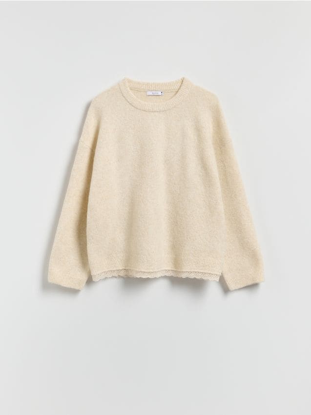 Reserved - Sweter z koronkowym wykończeniem - beżowy