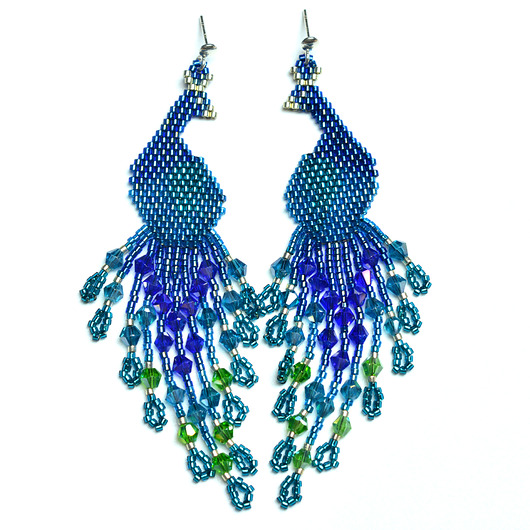 Pawie niebieskie II, kolczyki z frędzlami, beading