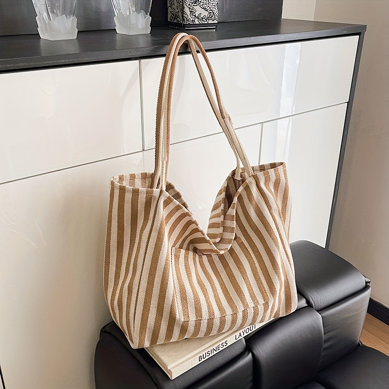 TEMU Damska Torba Tote w Stylu Koreańskim o Dużej Pojemności - Czerwono-Biała w Paski, Miękka Torba Plażowa i Siłowniowa z Beżowym Akcentem, Lekka